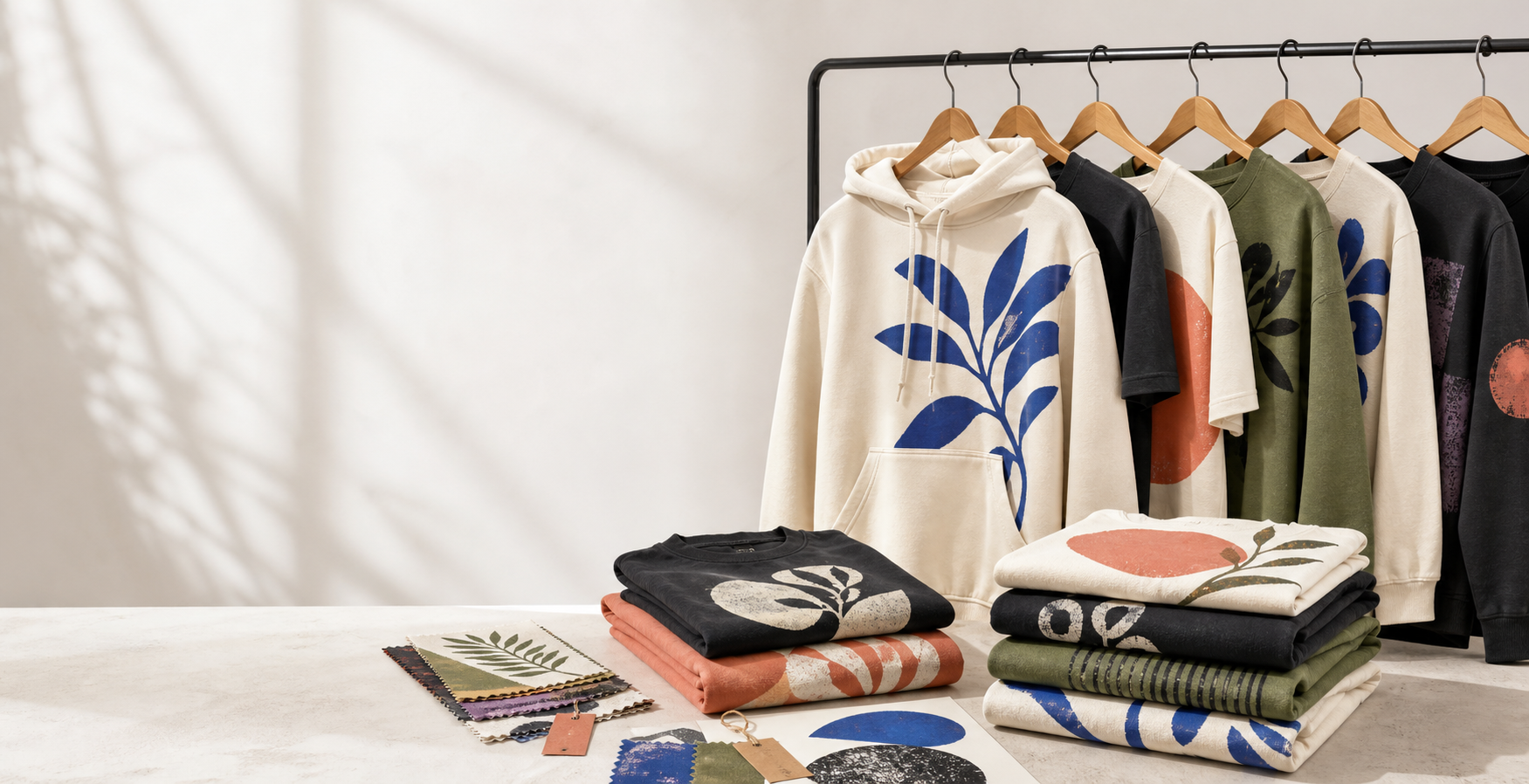 Prendas estampadas sobre mesa de estudio